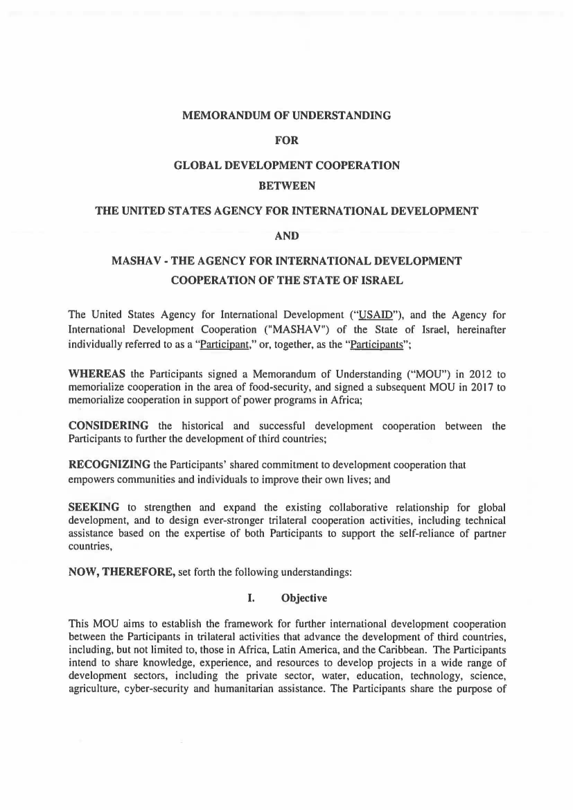 Memorandum of Understanding: USAID and the Agency for International Development Cooperation (MASHAV)