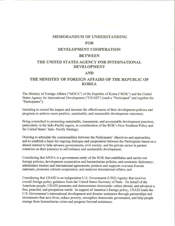 MOU: USAID and the Ministry of Foreign Affairs of the Republic of Korea