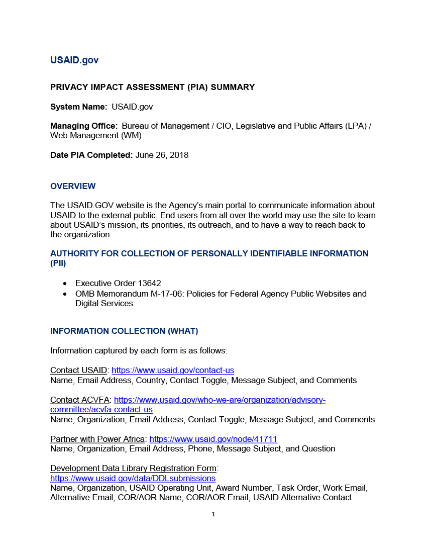 USAID.gov Privacy Impact Assessment Summary