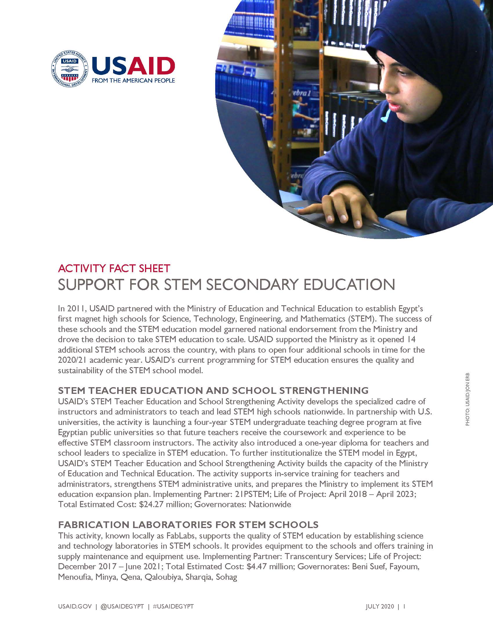 USAID/Egypt Activity Fact Sheet: Support for STEM Secondary Education