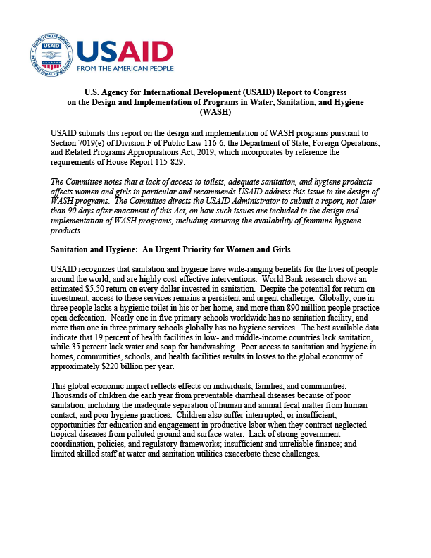 Report to Congress on the Design and Implementation of Programs in Water, Sanitation, and Hygiene (WASH) - 2019