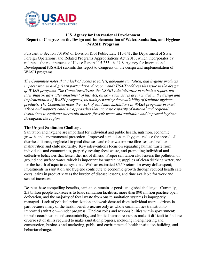 Report to Congress on the Design and Implementation of Water, Sanitation, and Hygiene (WASH) Programs - 2018 