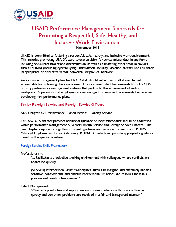 USAID Performance Management Standards for Promoting a Respectful, Safe, Healthy, and Inclusive Work Environment