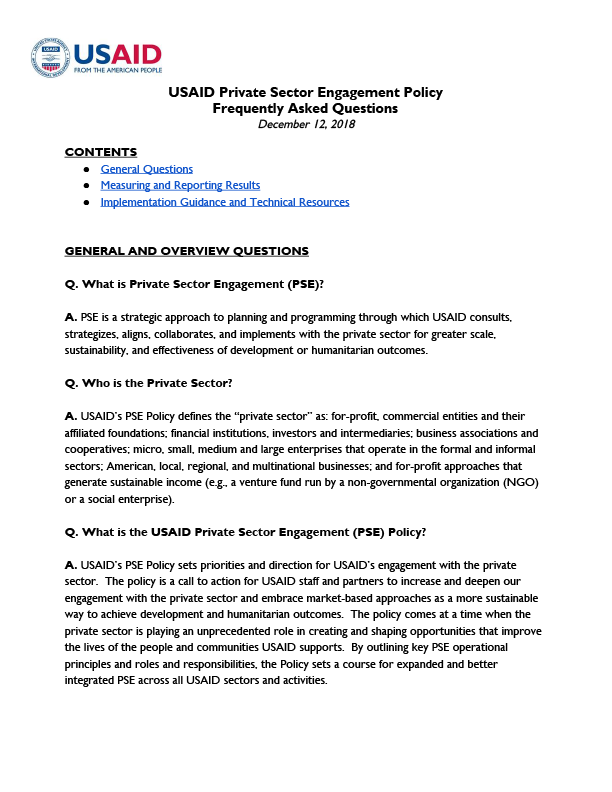 USAID Private Sector Engagement Policy Frequently Asked Questions