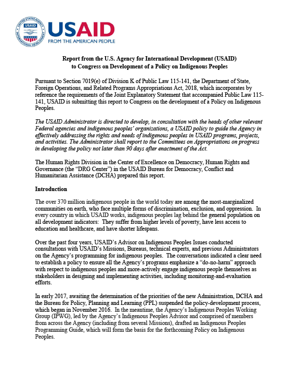 Report from the U.S. Agency for International Development (USAID) to Congress on Development of a Policy on Indigenous Peoples