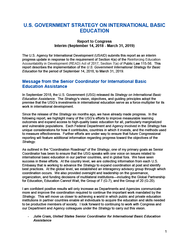 U.S. Government Strategy on International Basic Education - 2019 Interim Report to Congress