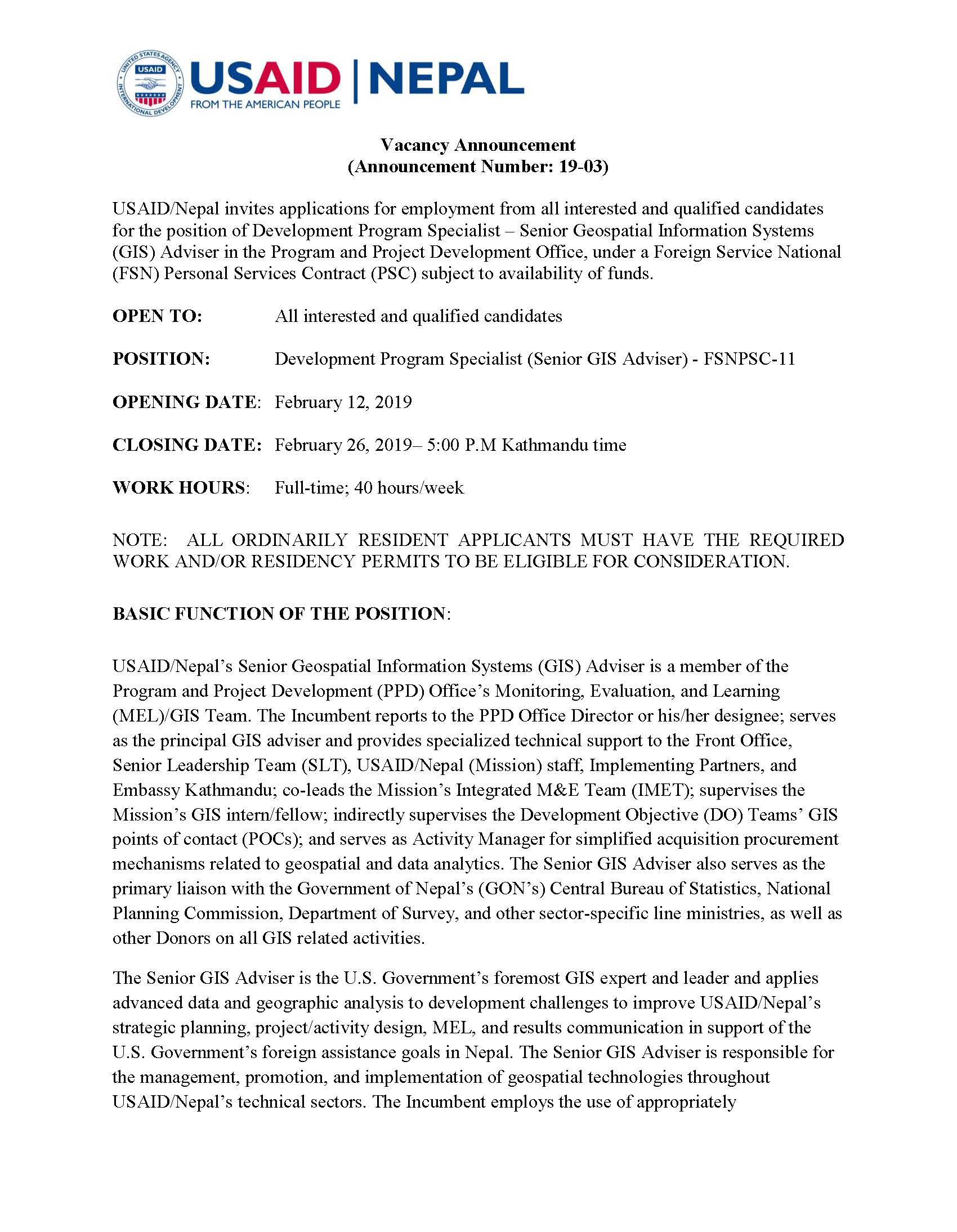 Vacancy Announcement # 19-03: Development Program Specialist (Senior GIS Adviser) - FSNPSC-11