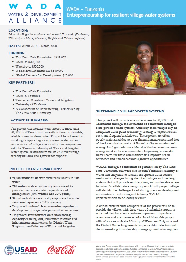 Water and Development Alliance (WADA) Tanzania: Entrepreneurship for Resilient Village Water Systems Fact Sheet