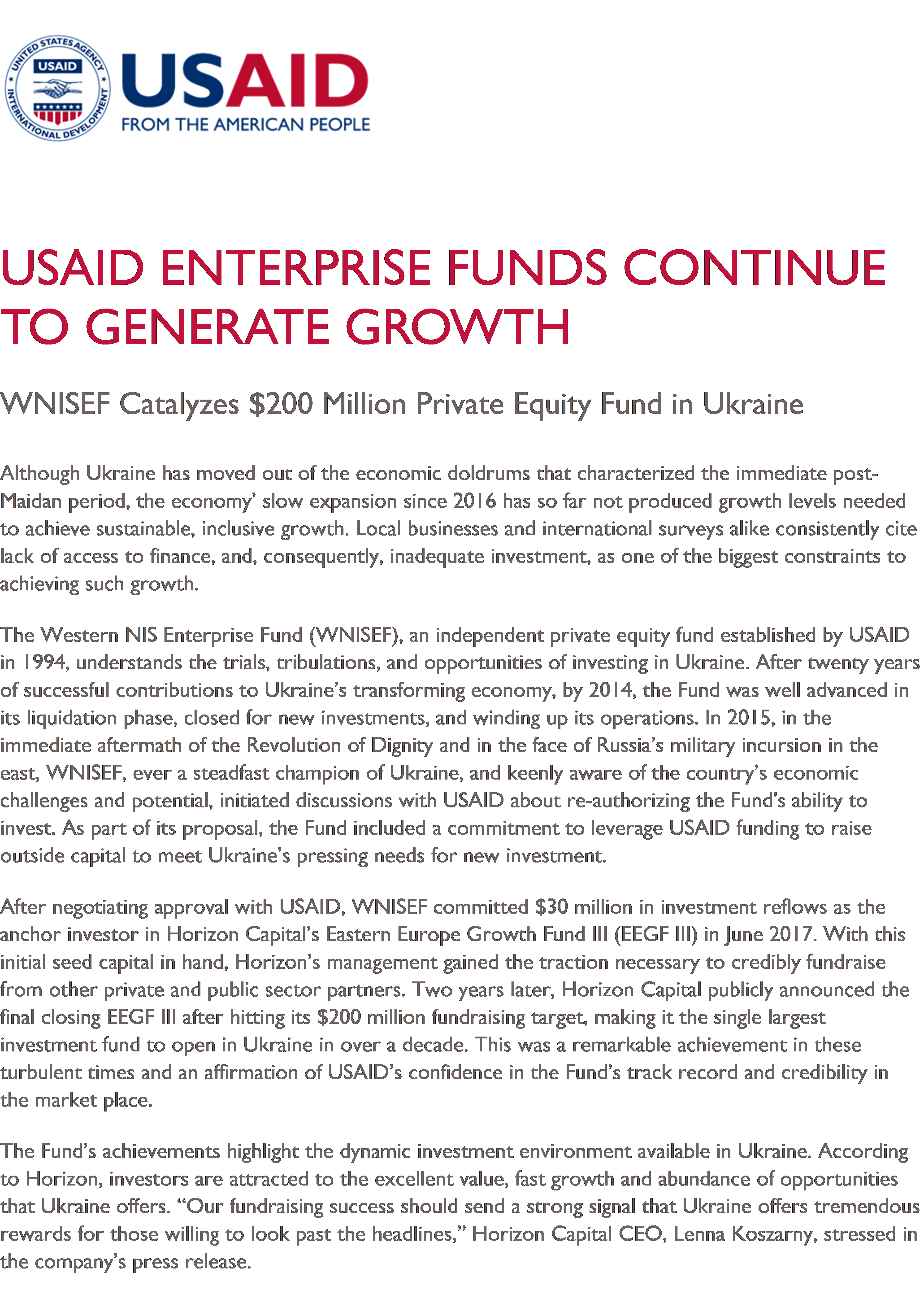 USAID Enterprise Fund Continues To Generate Growth: WNISEF Catalyzes $200 Million Private Equity Fund in Ukraine
