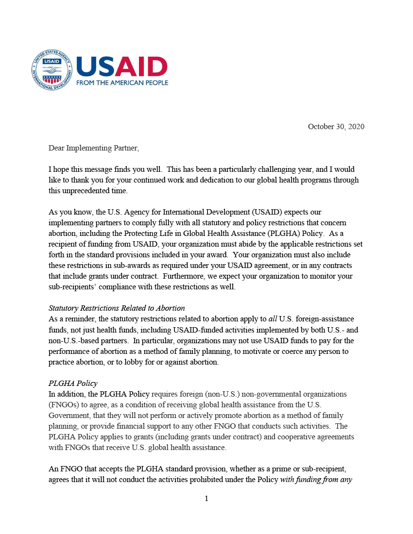 Letter to Implementing Partners on Protecting Life in Global Health Assistance 
