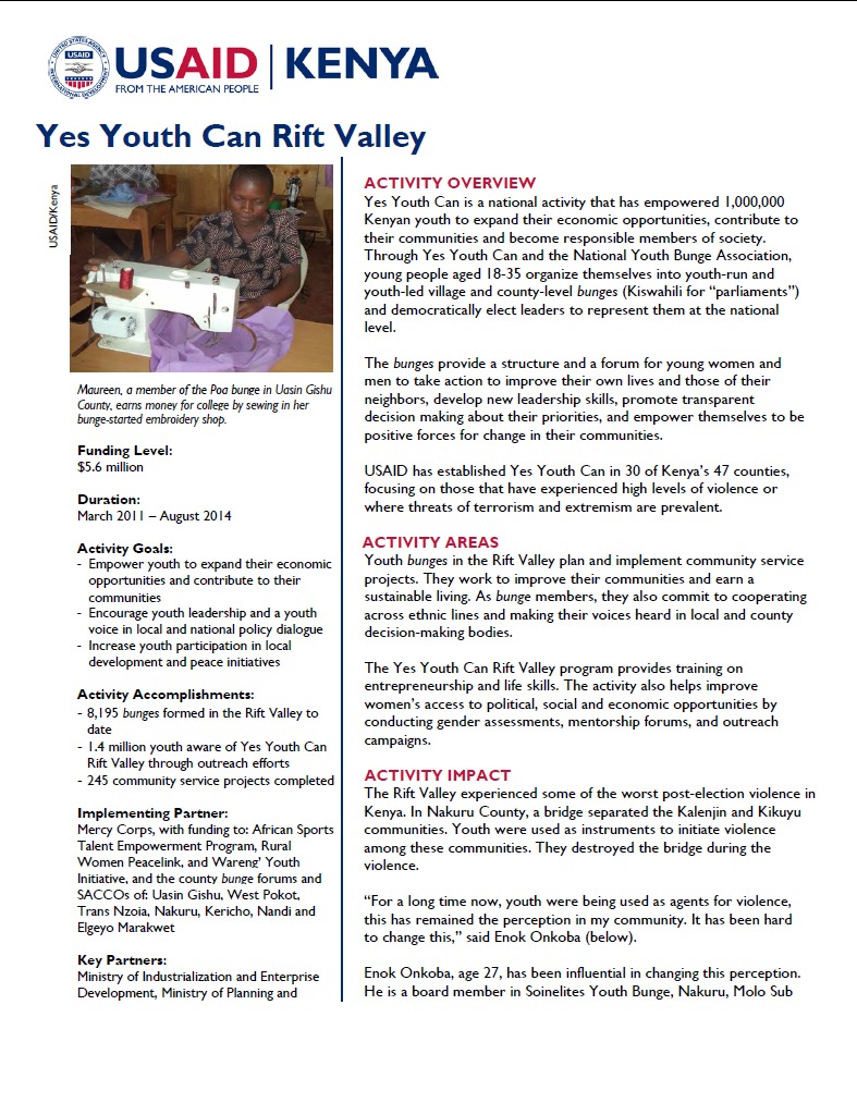 Yes Youth Can Rift Valley Fact Sheet.June 2014