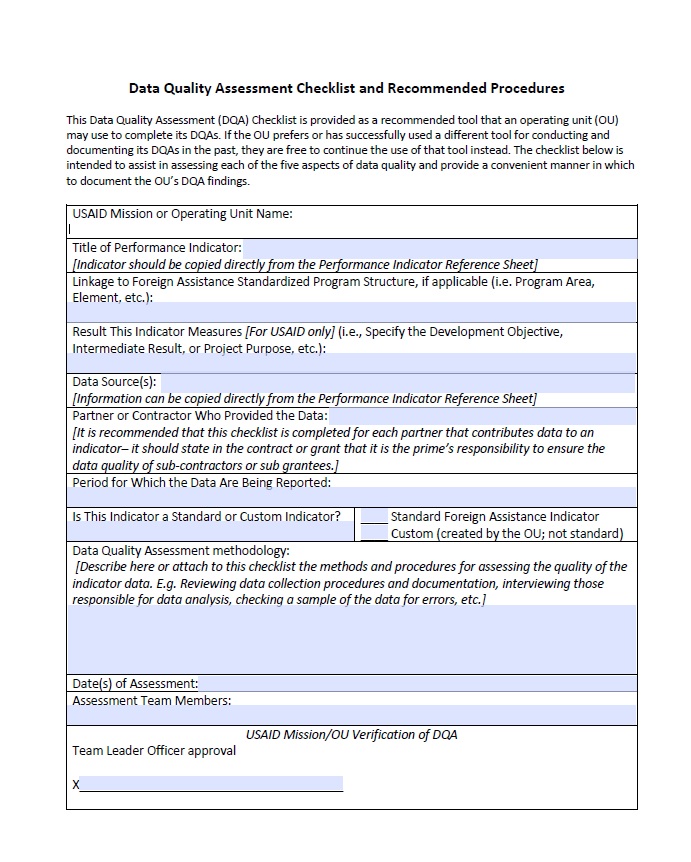 Data Quality Assessment Checklist and Recommended Procedures