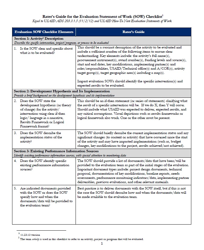 Rater’s Guide for the Evaluation Statement of Work (SOW) Checklist