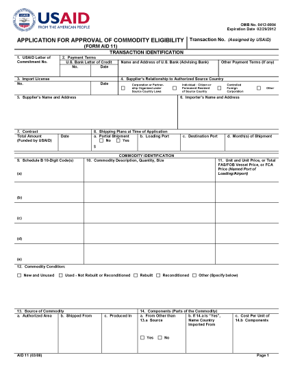 AID 11 (Application for Approval of Commodity Eligibility) | Forms ...