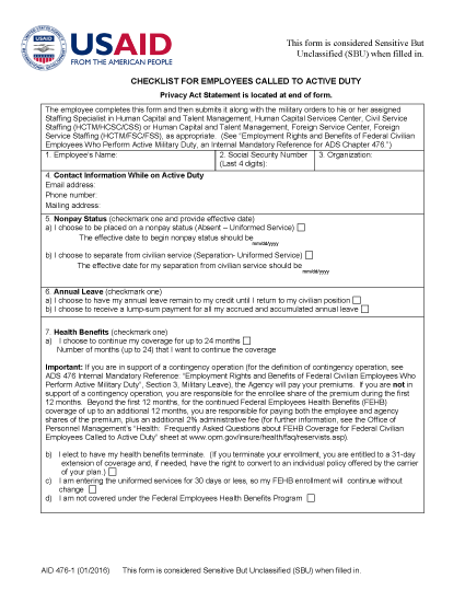 AID 476-1 (Checklist for Employees called to Active Duty)