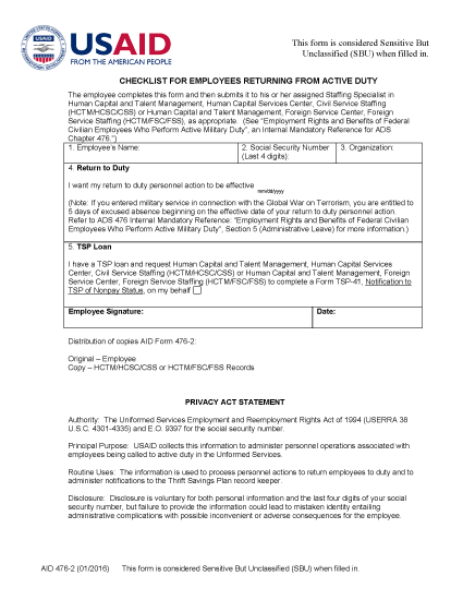AID 476-2 (Checklist for Employees Returning from Active Duty)
