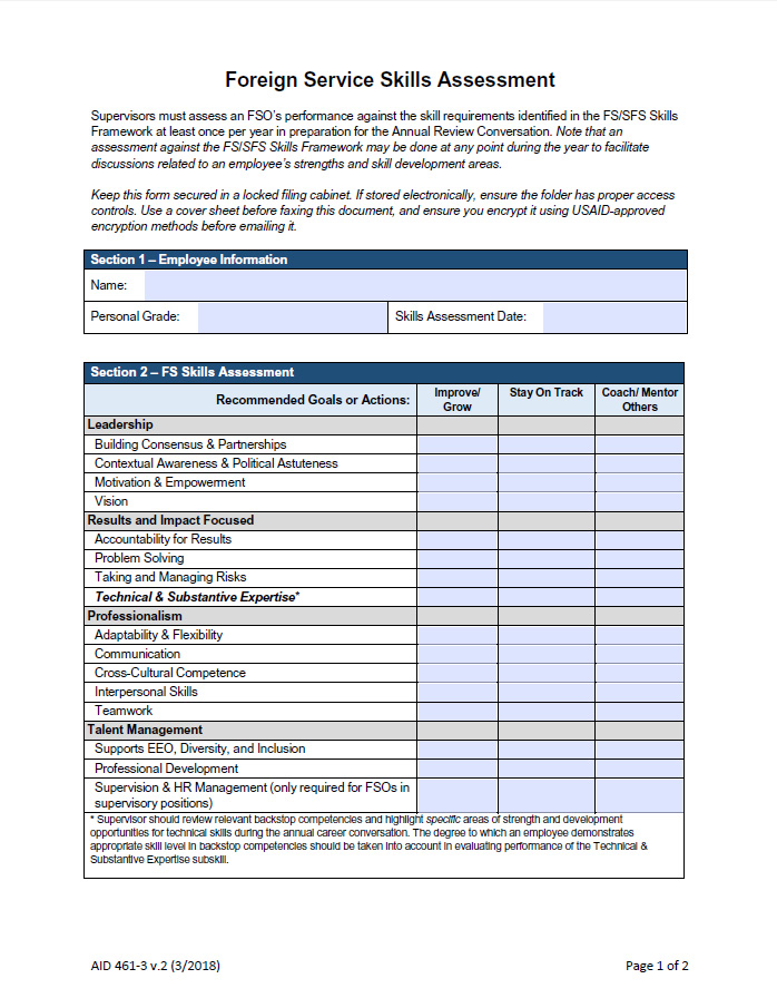 AID 461-3 (Foreign Service Skills Assessment Worksheet)