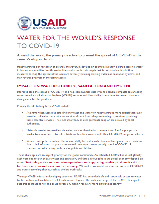 Water for the World’s Response to COVID-19