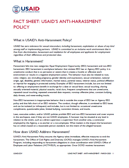 Fact Sheet: USAID’s Anti-Harassment Policy