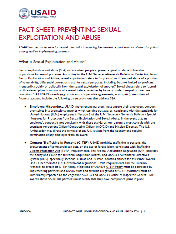 Fact Sheet: Preventing Sexual Exploitation and Abuse