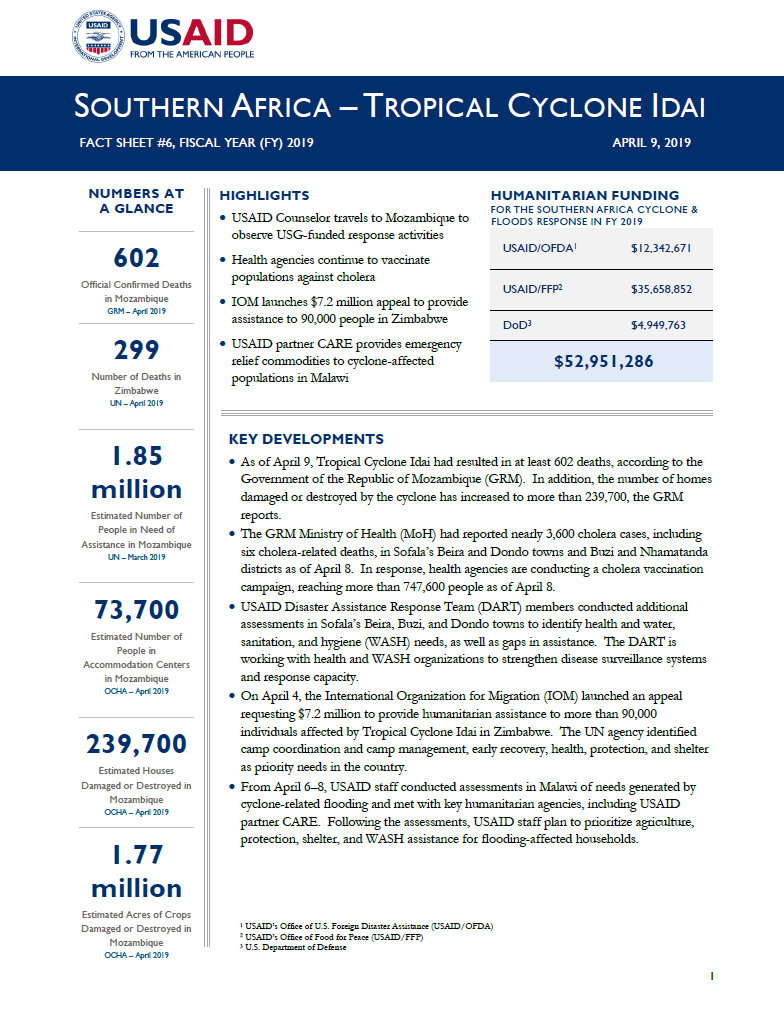 Southern Africa - Tropical Cyclone Idai - Fact Sheet #6 FY2019