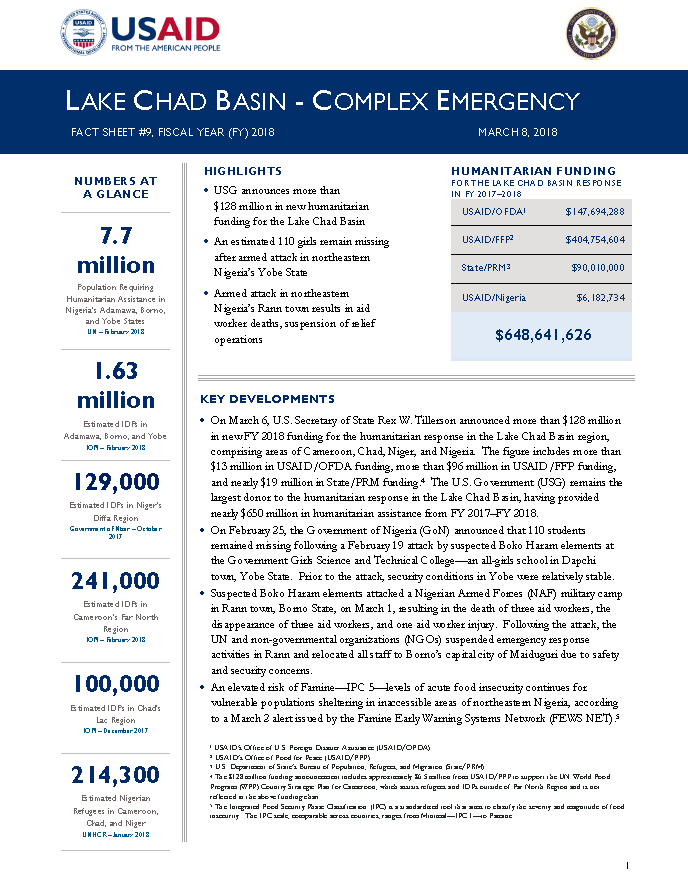 Lake Chad Basin Complex Emergency Fact Sheet #9, March 8, 2018