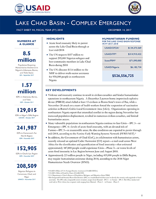 Lake Chad Basin Complex Emergency Fact Sheet #4 - 12-14-2017