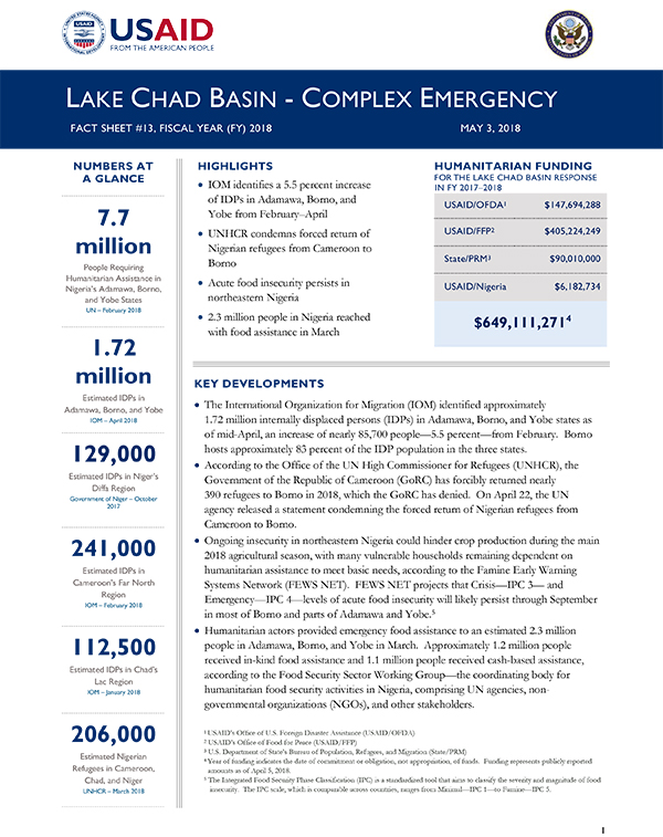 Lake Chad Basin Complex Emergency Fact Sheet #13 - 05-03-2018