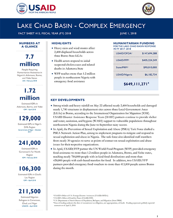 Lake Chad Basin Complex Emergency Fact Sheet #15 - 06-01-2018