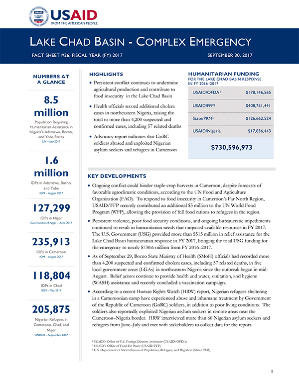 Lake Chad Basin Complex Emergency Fact Sheet #26 - 09-30-2017