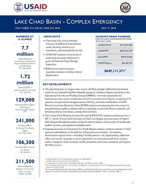 Lake Chad Basin Complex Emergency Fact Sheet #14 - 05-17-2018