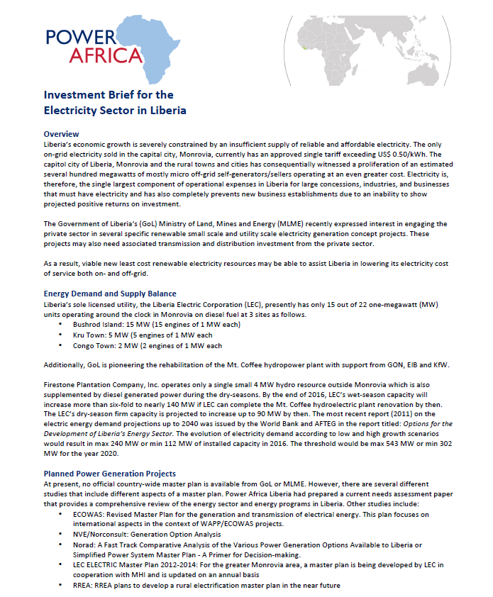 Power Africa Investment Guide: Liberia