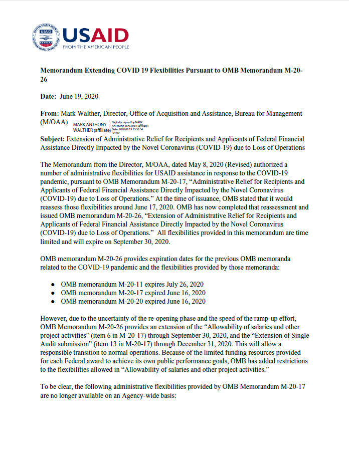 Memorandum Extending COVID 19 Flexibilities Pursuant to OMB Memorandum M-20-26