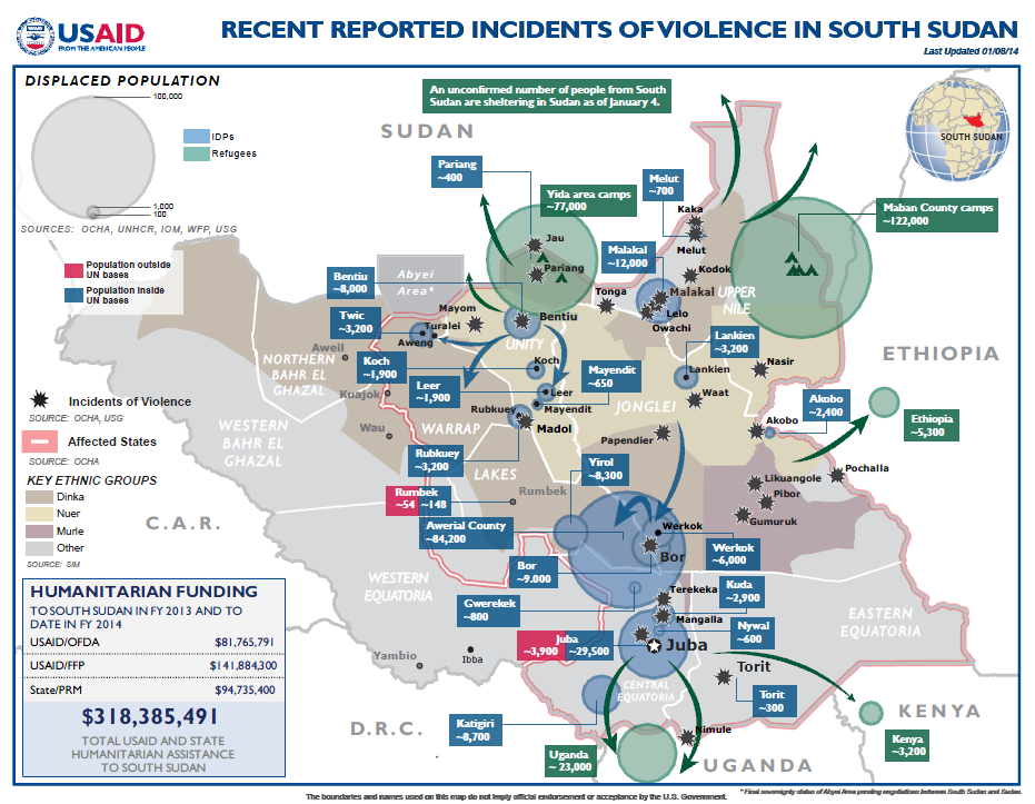 Recent reported incidents of violemce in South Sudan January 15, 2014