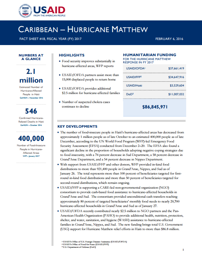 Caribbean Hurricane Matthew Fact Sheet #18 - February 6, 2017 