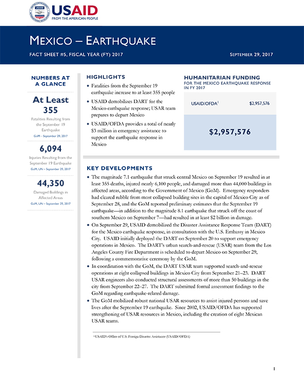 Mexico Earthquake Fact Sheet #5 - 09-29-2017