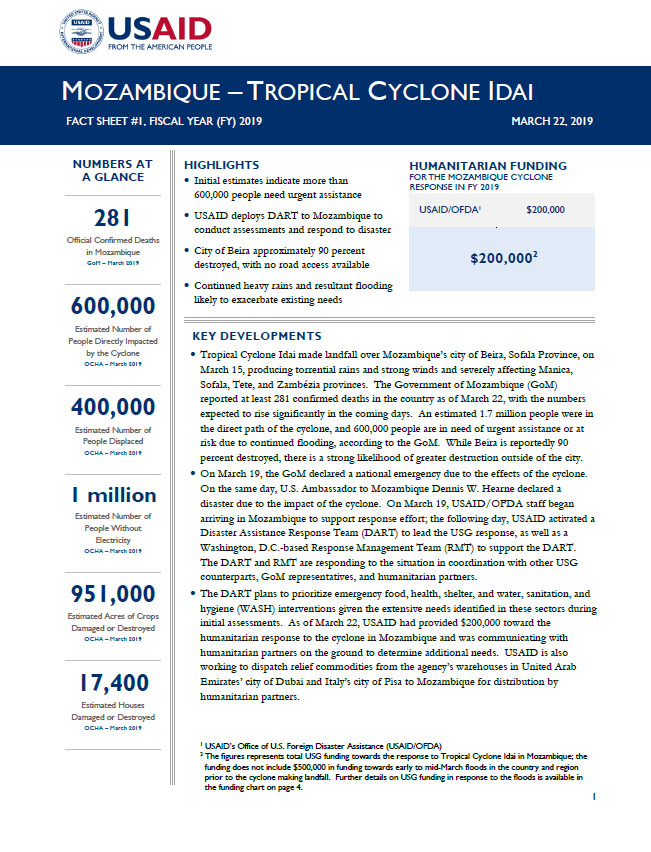 Mozambique - Tropical Cyclone Idai - Fact Sheet #1 FY2019