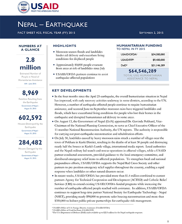 Nepal Earthquake Fact Sheet #23 - 09-02-2015