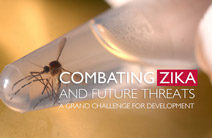 Photo of a mosquito in a test tube and the words Combating Zika and Future Threats