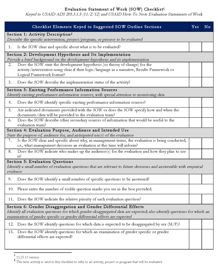 Evaluation SOW Review Checklist