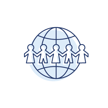 Icon of people holding hands, circled around a globe