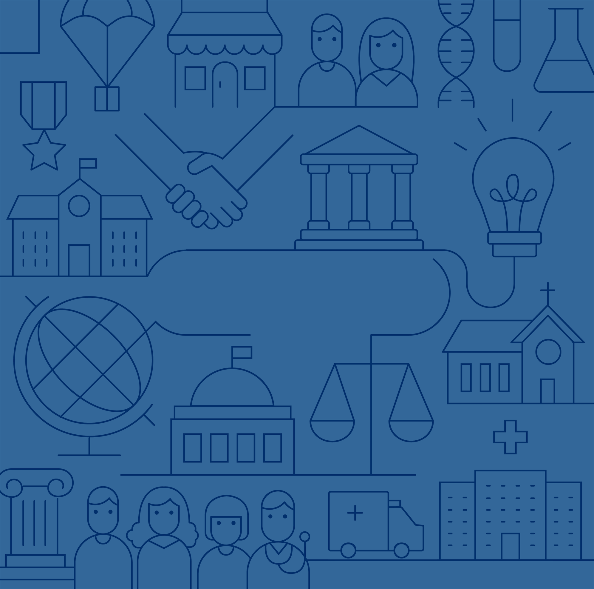 Graphic illustration representing parternship, with reference to partners such as NGOS, universities, U.S. government agencies, and faith-based organizations.