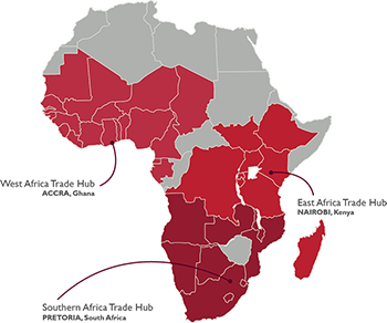 Map of Africa showing the West Africa, South Africa and East Africa Trade hub countries