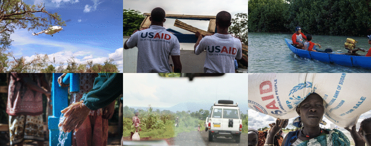 Photo collage showing USAID humanitarian assistance in action