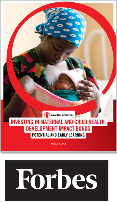 A mother holds her child, while the caption reads: Investing in maternal and child health: Development Impact Bonds.
