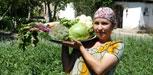 Habiba Tukhtaeva shows off the vegetables she grew in her family's kitchen garden with support from Feed the Future.<br />
