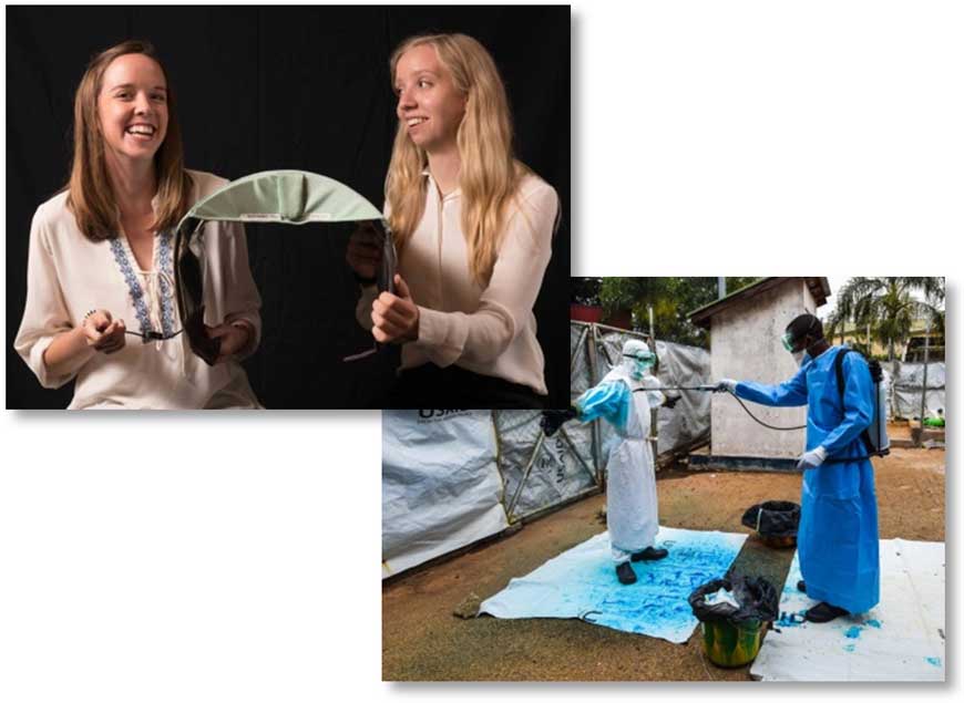 Two photos. First of two women holding a device that fights jaundice and a second photo of a worker spraying off a protective suit.
