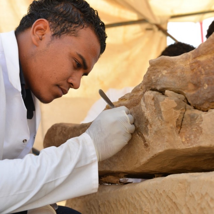 Man cleans stone fragment at Medinat Habu