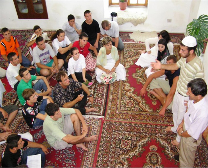 Albanian youth in a group discussion at a local mosque.