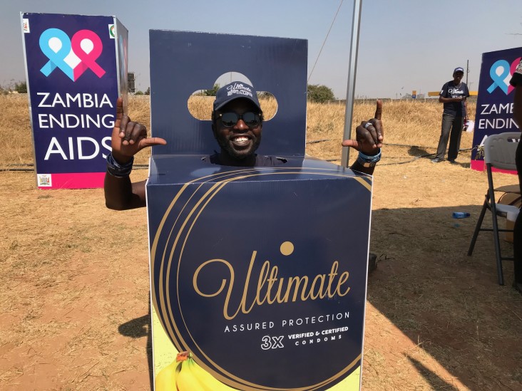 A man wears a costume at the Ultimate Condom launch in August 2019.